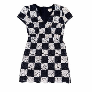 Milly Atalie Checkerboard Paisley Mini Dress Navy white Designer size 8 classic
